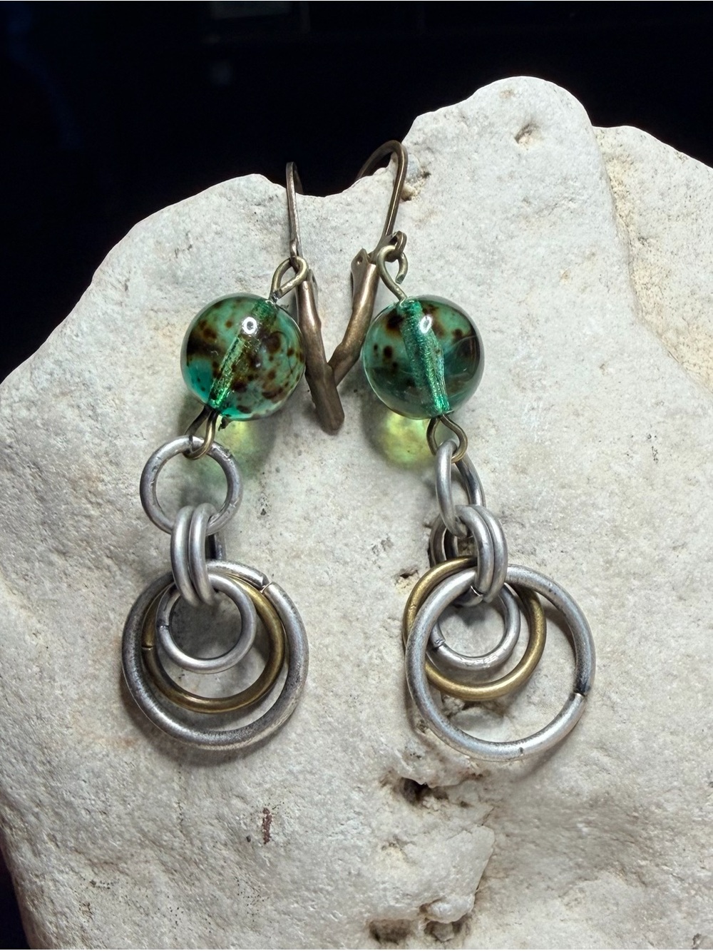 ✨Handmade✨Green Glass Bead Earrings w/ Mixed Metal Rings - Hypoallergenic